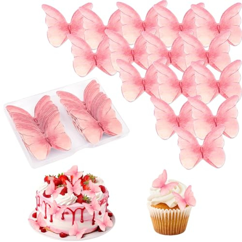 48 Stück Essbare Schmetterlinge für Torte, 3D Schmetterlinge Tortendeko Essbar, Realistisches Schmetterlingsdesign Kuchen Deko Mädchen & Cupcake Topper für Geburtstag, Hochzeit, Jubiläum (Rosa)