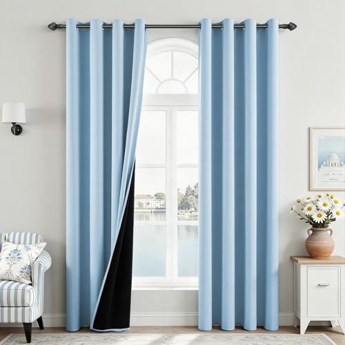 MRTREES Gardin 100 % ogenomskinliga sovrumsgardiner med öljetter, set om 2 tjockt tyg, mörkläggningsgardiner, termogardiner, köldskydd för vardagsrum, barnrum, blå, H 240 x B 140 cm