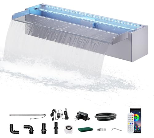 LONGRUN 60cm Teich-Wasserfall,Acryl Pool-Wasserfall mit RGB Bluetooth LED Garten Brunnen