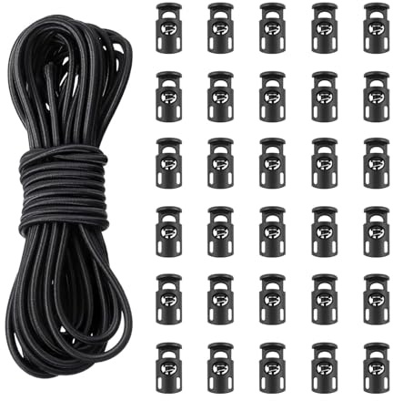 10 m Elastic Drawstring Cord with 30 Black Single-Hole Toggles | Spring Lock Stoppers For Backpacks, Shoelaces, Jackets, Luggage And Camping Gear