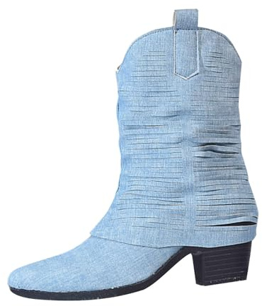 Stivali Cowboy Donna In Jeans Distressed - Stivaletti Western Slouchy Con Effetto Fold Over, Tacco A Blocco, Punta Rotonda, Stivali Vintage Casual Ideali Per Outfit Country E Attività All'Aperto