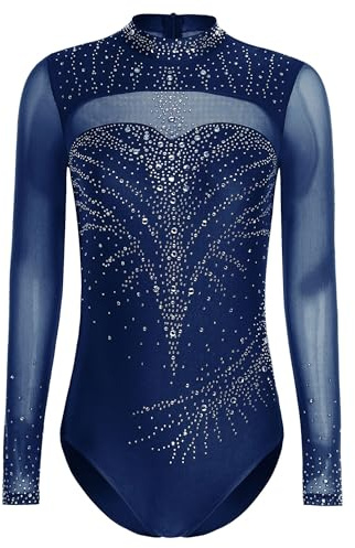 Sinleey Gymnastikanzug Turnanzug Damen Langarm Leotard Gymnastikbody mit Glitzer Tanzbody Ballett Trikotanzug Wettbewerb