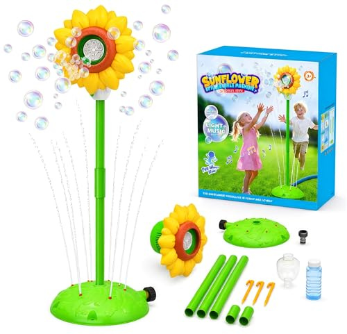 Arroseur Enfant Extérieur Tournesol 4 en 1, Jouet d’Eau avec Machine à Bulles, Lumières et Musique, Arroseur de Jardin 127 cm, Connexion Tuyau d’Arrosage, pour Été, Jardin, Anniversaire