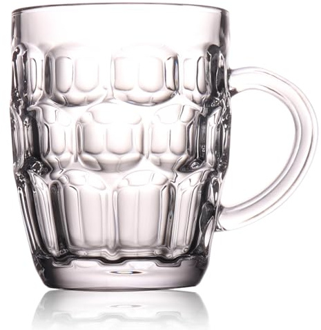 1 Pint Glass Dimpled Beer Mug Set, Heavy British Pub Stein Cup with Handle | Thick Solid Classic Use