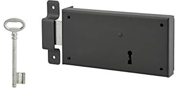 THIRARD - Serrure Horizontale en Applique à Clé pour Porte de Cave - Pêne Seul - Gauche - Axe 105 mm - 160 x 80 mm - Noir - 1 Clé - Gâche à Pattes Acier
