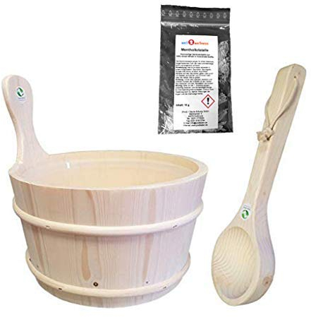 SudoreWell Secchio Sauna Secchiello per Sauna di Aspen 4,0 Litri con Inserto + Mestolo Sauna Plus 10g Cristalli al Mentolo