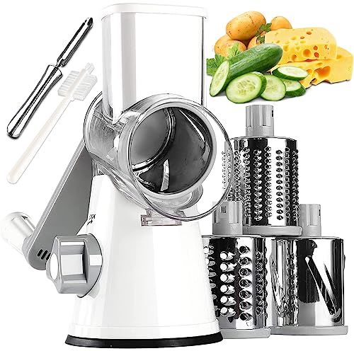 KEOUKE Käsereibe Mit Kurbel Trommelreibe Reibe Mit Griff Gemüse Käse Shredder Slicer Reibe Für Küche 3 Wechselklingen Für Käse Kartoffel Zucchini Nüsse Schokolade (Weiß)