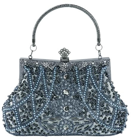 Damen-Clutch, Vintage-Stil, Blumenmuster, Strasssteine, Stickerei, Pailletten, Umhängetasche, Abend-Handtasche für Braut, Hochzeit, Party, Abschlussball, Grau, 23*22cm