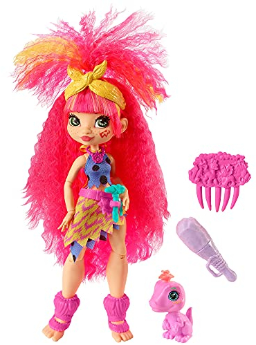 Cave Club poupée préhistorique articulée Emberly aux Cheveux Roses avec Figurine bébé Dinosaure Flaire et Accessoires, Jouet pour Enfant, GNL83