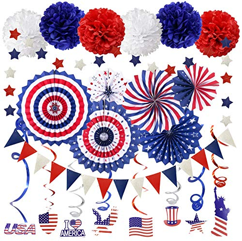 ZERODECO USA Articoli per Feste, Ventagli di Carta Blu Navy Rosso Set Pom Poms Stelle Streamer Hanging Swirls Bandiera USA per il 4th of July Day Decorazioni patriottiche Giorno dell'Indipendenza