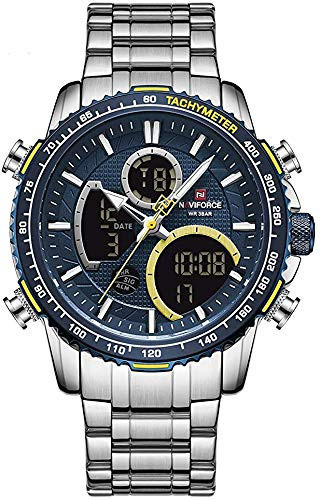 NAVIFORCE Montre analogique numérique chronographe étanche sport à quartz en acier inoxydable militaire multifonction pour homme, Nf9182-s/Be, Bracelet