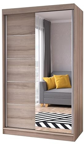 Fabryka Mebli Idźczak Kleiderschrank mit Spiegel, Wohnzimmerschrank - Sonoma Schwebetürenschrank, Schlafzimmerschrank - ‎61 x 120 x 200 cm - Schrank für Schlafzimmer, Wohnzimmer, Garderobe