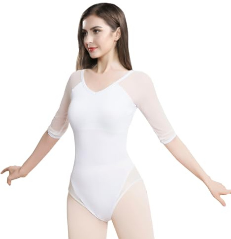 ROYAL SMEELA Leotardos de baile Ballet malla media manga para mujer traje de baile de Color sólido elástico sin espalda, mono de gimnasia leotardo ropa de baile