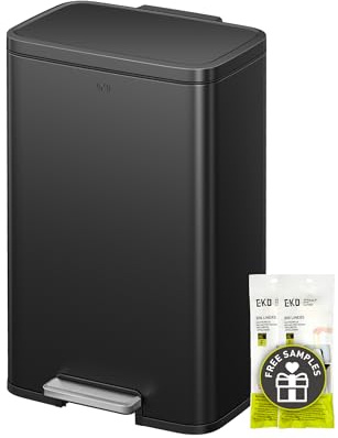 EKO Madison Matte Black Stainless Steel 13.2 Gal/50L Kitchen Step Trash Can or Recycling Bin, Removable Inner Liner, Soft Close Lid, Fingerprint Resistant Finish