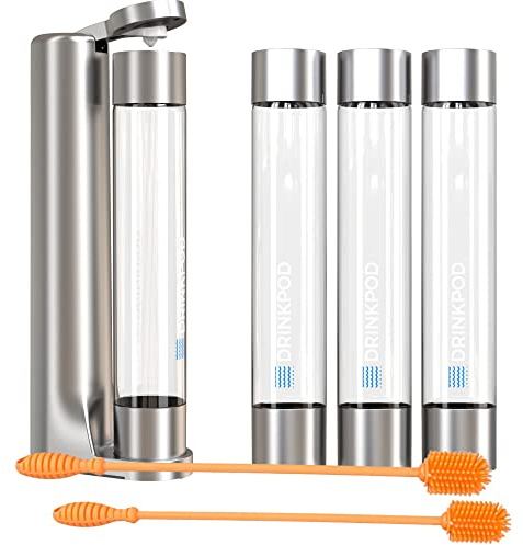 Fizzpod Home Soda Maker Sparkling Water Carbonator With 3 Bottles and 2 Bottle Brushes (Silver)