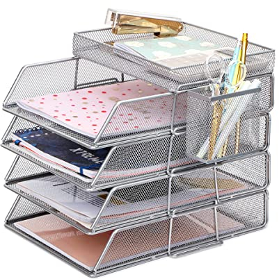 EXERZ Papierablage, 6 Stück, einschließlich 4 x stapelbarer Sortierer, 1 x oberes Tablett, 1 x seitlicher Korb – Drahtgitter-Schreibtisch-Organizer/Aktenhalter – Büro, Schule