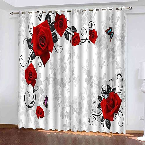 TEMLAN Rote Rose Kinder Gardinen Schmetterling Vorhänge Blickdicht Mit Ösen, Digitaldruck 3D Thermogardine Für Schlafzimmer Wohnzimmer (265 x 215 cm)