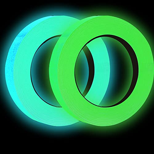 YUNYAN 2 Rolle Selbstklebendes Fluoreszierendes Klebeband 1cm*5m Sylvesterfeuerwerk Wasserdicht Luminous Tape Phosphor Markierungsband Reflektorband Glow in The Dark Tape (Grün + Blaugrün
