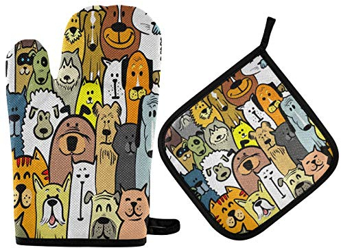 Handschuhe Und Topflappen-Set Doodle-Hunde-Katzen-Nahtlos Topfhandschuhe rutschfest Backhandschuhe Hitzebeständig Ofenhandschuhe Für Cafe Grillen Backen