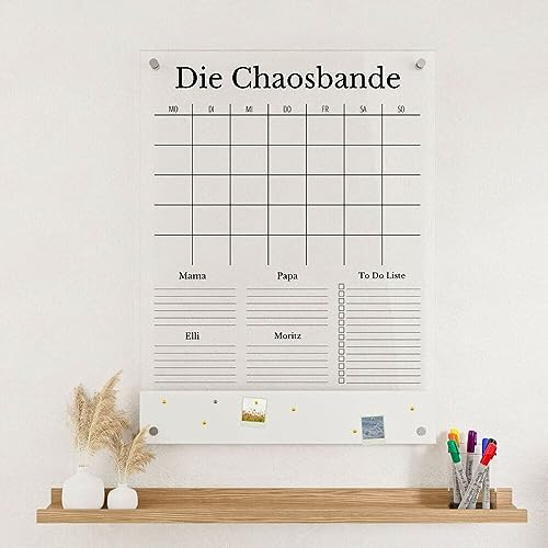 Wunsch Kalender - personalisierter Wandkalender - Hochkant 4-Namen Familienplaner mit Magnetboard - wiederverwendbarer Kalender aus Acrylglas - Familienplaner abwischbar - Hingucker für jeden Raum