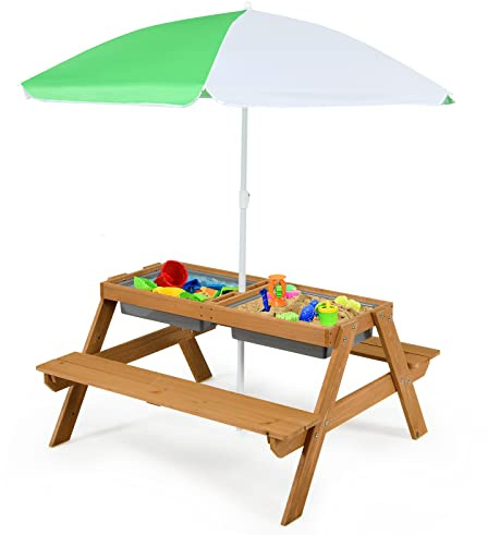 RELAX4LIFE 3 en 1 Mesa Picnic Infantil con Sombrilla Desmontable y Ajustable en Altura 117-187cm, Mesa y Sillas Infantil con 2 Bandejas para Juegos con Arena y Agua, Banco Madera Abeto para 1-4 Niños