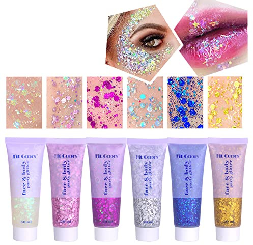 Gel Paillettes Corps, MKNZOME 6 pièces Gel Paillettes Visage Festival Maquillage Paillette Cheveux Visage Glitter Makeup Colle Scintillant à Paillette Longue Durée pour Fête Noël Pâques Anniversaire