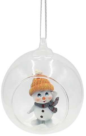 Glaskula med hänge – snöbarn – snögubbe med mössa och halsduk i orange och grå, L/B/H 8 x 7 x 8,5 cm