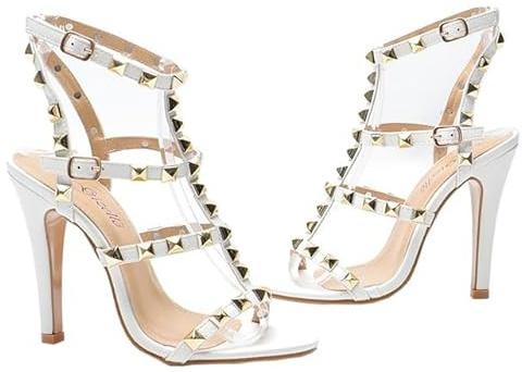 Gizelle® Womens High Heel Sandals Studded Rivet Buckle Ankle Strappy Stiletto Shoes – Ladies Open Toe Office Party Heeled Sandal White Patent, 8