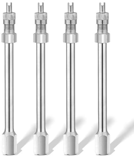 4 Inch Dually Valve Stem Extenders, 4 PCS Heavey Duty Chrome Brass Tire Valve Extension Rod Caps for RV Tires, Truck, Motorhome, Coach, Pickup, Trailer,Motorcycle,Bike, Easy Install, OEM Grade