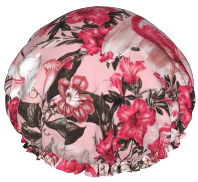 WURTON Flamingo-Blumendruck, leichte Duschhaube für Damen, doppelte wasserdichte Schichten, atmungsaktiv