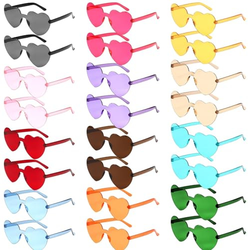Asfrode 24 Stück Herz Sonnenbrille, Randlose Sonnenbrillen Farbe Herz Brille Transparente Bonbonfarbene Herzbrille Herzförmige Partybrille Herzbrille für Karneval Strandparty Weihnachten - 12 Farben