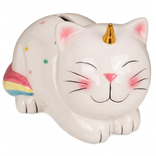MIJOMA Keramik Spardose mit Schloss und Schlüssel – stilvolle Geldbox als Geldgeschenkverpackung und dekorative Aufbewahrung - Einhorn-Katze
