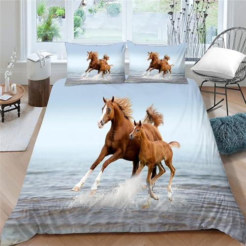 TMMDH Bettwäsche Set Bettbezug 135x200 Weich Bequem Atmungsaktiv Hypoallergen Mikrofaser Bettbezüge + 2 Kissenbezug,Geeignet für Jungen Mädchen Kinder - (Pferd)