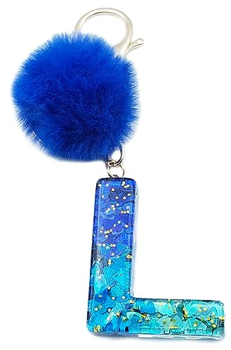 Xsclpomddy Frauen Alphabet Buchstaben Schlüsselanhänger Niedlich Schlüsselanhänger Glitzer mit Pom Pom Quasten Harz Blau Keychain für Tasche Charme