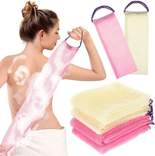 Healvian 4pcs Back Scrubber Towels 14x75cm Exfoliating Body Scrubbing Cloths with Drawstring for Shower and Bath, Pink and Beige Back Exfoliating Tool Set for Men and Women