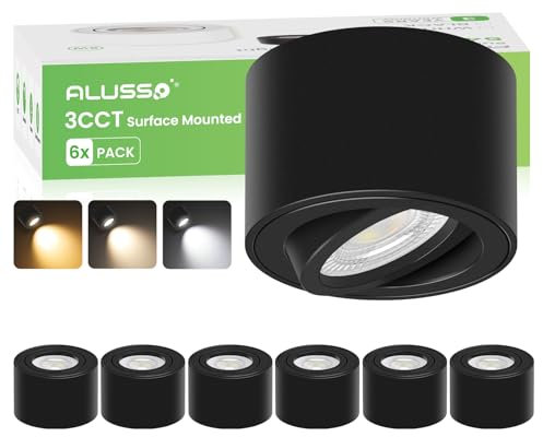 ALUSSO Lot de 6 Spots de Plafond Noir, LED Module Remplaçable 6W 230V 540LM Dimmable, 3000K/4000K/6500K Aluminium Plafonnier Salle de bain, Ø80x50mm Spot LED en Saillie orientables à 60° et 120°