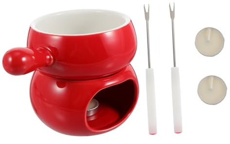 Ciieeo Keramik Käsefondue Mit Rotem Sockel Und Griff Inklusive Gabeln Und Teelichtern Vielseitiger Schokoladen Butterwärmer Für Küche Party Und Restaurantgebrauch