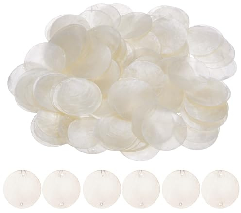 M METERXITY 100-Pack Round Shells Pieces, 2 Inch Flat Round Natural Shell Charm with Hole, Discs Sea Shells Coin Bead Connector for Wind Chimes/DIY Craft Hanging [White]