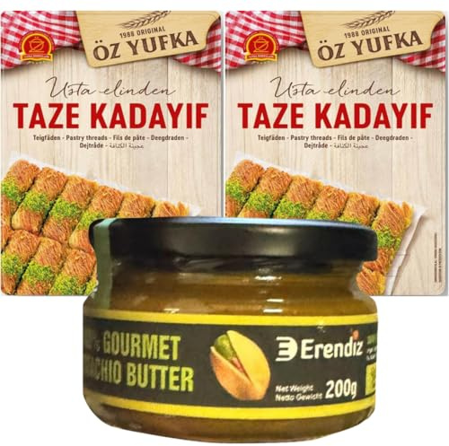 Pufai Erendiz - Pasta de pistacho 100% 200 gramos, Kadayif Kadayifi, madeja especial para chocolate Dubai Kadayıf, pelo de ángel de 400 gramos x 2 paquetes