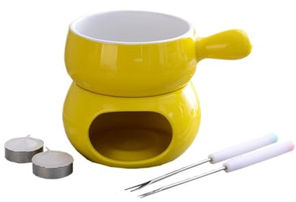 KANLVU Céramique Appareil Fondue Chocolat pour Fromage, Chocolat Chaud avec 2 Fourchettes Et 2 Bougies Chauffe-Plat Service à Fondue pour Tremper des Fraises Ou Tapas(Jaune)