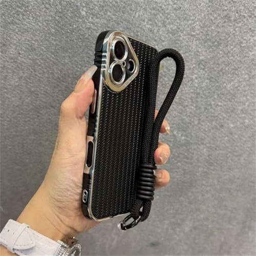 VFDHN Strickkorn mit Umhängeband, Handyhülle für iPhone 11 12 13 14 15 16 Pro Max Plus, Bumper, weiche Silikonhülle, Schwarz, für iPhone 14 Pro