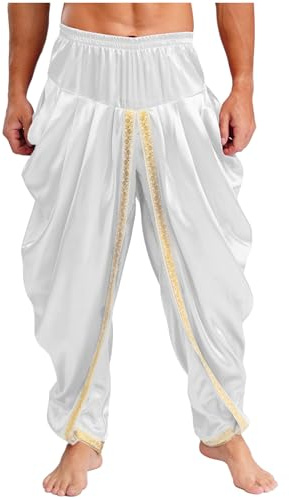 inlzdz Pantaloni Indiani da Uomo e Donna Harem Hip Hop Lunghi Pantaloni Bloomers Pantaloni Medievali Costume da Principe Orient Sultan Munadin Bianco XL