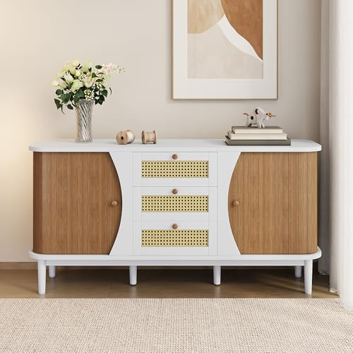 BTM Buffet Blanc et Bois, Armoire de Rangement avec Portes Coulissantes, Commode avec 3 Tiroirs, Buffte Salon en Rotin, 140.5x40x76cm, Balnc et Brun