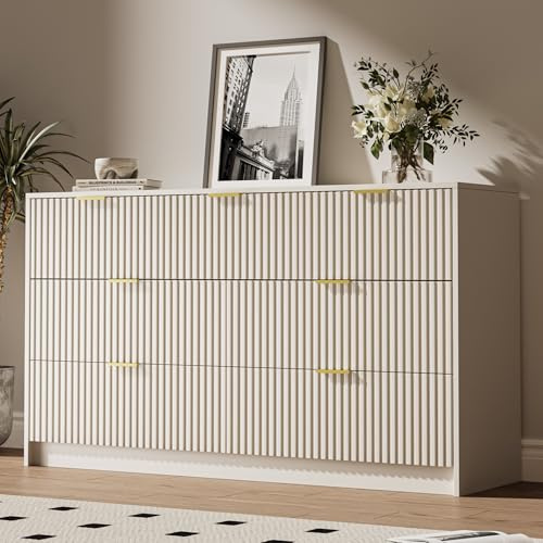 MAISONARIA Beige 7 Drawer Dresser for Bedroom, 55.9 Wide Modern Fluted Dresser with Gold Metal Handles, Wide Chest of Drawers for Bedroom, Living Room, Entryway, Hallway