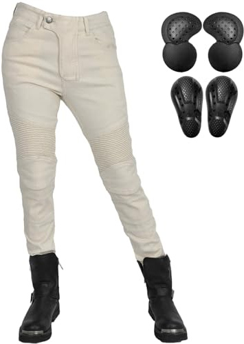 QIYUANT Motorcykelbyxor för kvinnor skyddande säkerhet stretch slitstarka jeans motocross herr dam vardaglig denim motorcykelbyxor racing ridning med uppgraderade avtagbara rustningar, Vitt, L