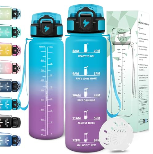 Motswedi Gourde 1l, Anti-Fuite, Gourde Sport, avec Marqueur de Temps, Bouteille d'eau, Réutilisable, Bouteille, Sans BPA, pour Sport, Yoga, Fitness, Randonnée, Bleu Violet
