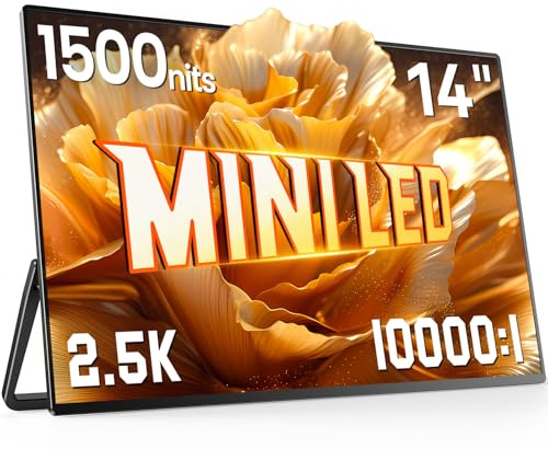 UPERFECT Moniteur Portable Mini LED 14 2,5K | 1500 nits | 2560 x 1600 | Contraste 10000:1 | Freesync 1 ms | Écran d'extérieur Ultra-Fin avec Béquille & VESA pour PC, Phone, Consoles de Jeux