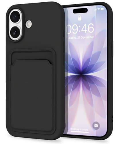 AMPLE Case for iPhone 17 Black Liquid Silicone Card Holder Shockproof TPU | Designed for iPhone 17 with built-in card holder for carrying your essential card securely