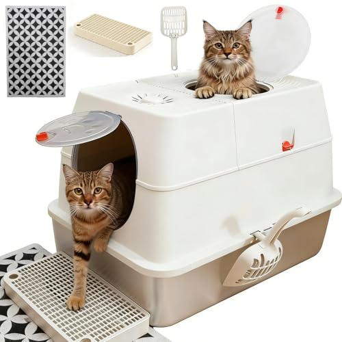 Spindro XXL Edelstahl-Katzentoilette: Geschlossenes Premium Katzenklo mit Vordereinstieg & Topfaustieg, Geruchsicher - Inkl. Schaufel & Anti-Rutsch Matte für Innenkatzen (Cremeweiß)