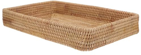 FONDOTIN Plateau Rotin Tissé Rectangulaire Grand Format Plateau de Service Multifonction pour Cuisine Salon et Salle de Bain Décor Bohème Naturel et Rangement Pratique